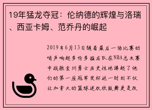 19年猛龙夺冠：伦纳德的辉煌与洛瑞、西亚卡姆、范乔丹的崛起