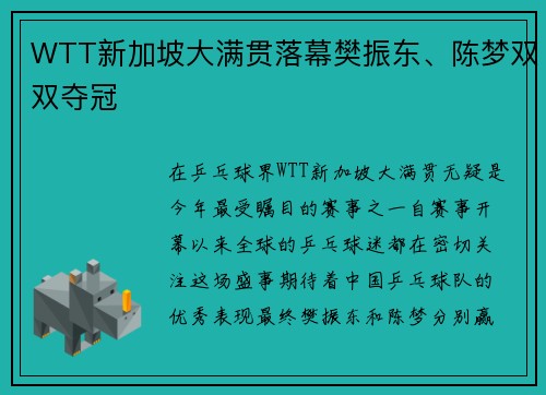 WTT新加坡大满贯落幕樊振东、陈梦双双夺冠