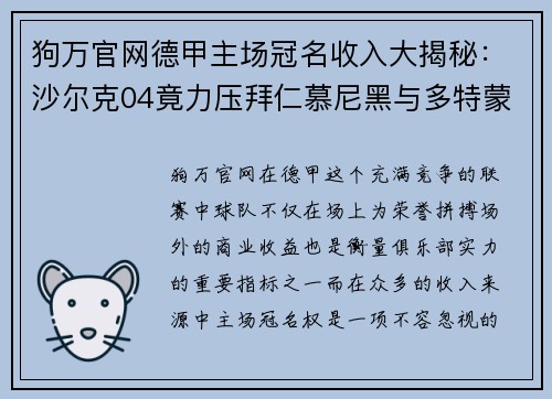 狗万官网德甲主场冠名收入大揭秘：沙尔克04竟力压拜仁慕尼黑与多特蒙德