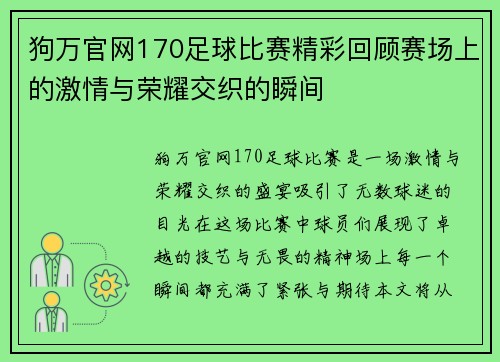 狗万官网170足球比赛精彩回顾赛场上的激情与荣耀交织的瞬间