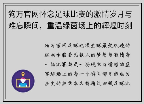 狗万官网怀念足球比赛的激情岁月与难忘瞬间，重温绿茵场上的辉煌时刻