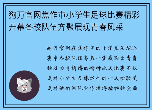 狗万官网焦作市小学生足球比赛精彩开幕各校队伍齐聚展现青春风采