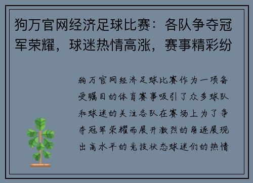 狗万官网经济足球比赛：各队争夺冠军荣耀，球迷热情高涨，赛事精彩纷呈