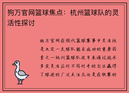狗万官网篮球焦点：杭州篮球队的灵活性探讨