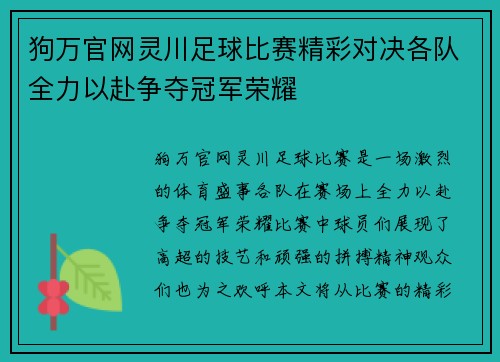狗万官网灵川足球比赛精彩对决各队全力以赴争夺冠军荣耀