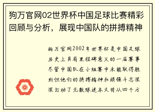 狗万官网02世界杯中国足球比赛精彩回顾与分析，展现中国队的拼搏精神与未来希望