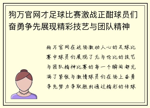 狗万官网才足球比赛激战正酣球员们奋勇争先展现精彩技艺与团队精神