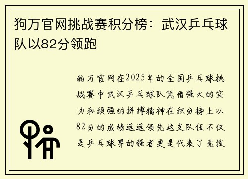 狗万官网挑战赛积分榜：武汉乒乓球队以82分领跑