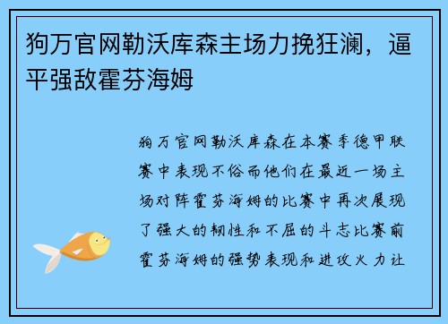 狗万官网勒沃库森主场力挽狂澜，逼平强敌霍芬海姆